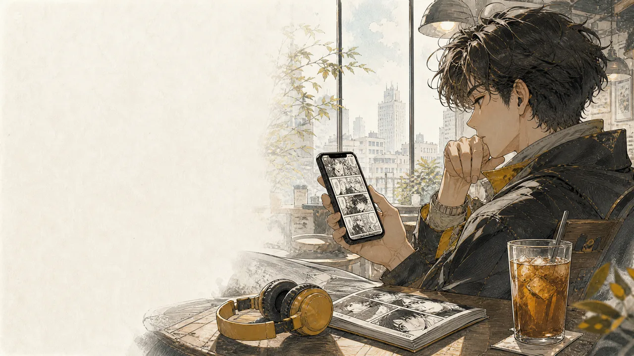 使用手机阅读漫画的场景插画